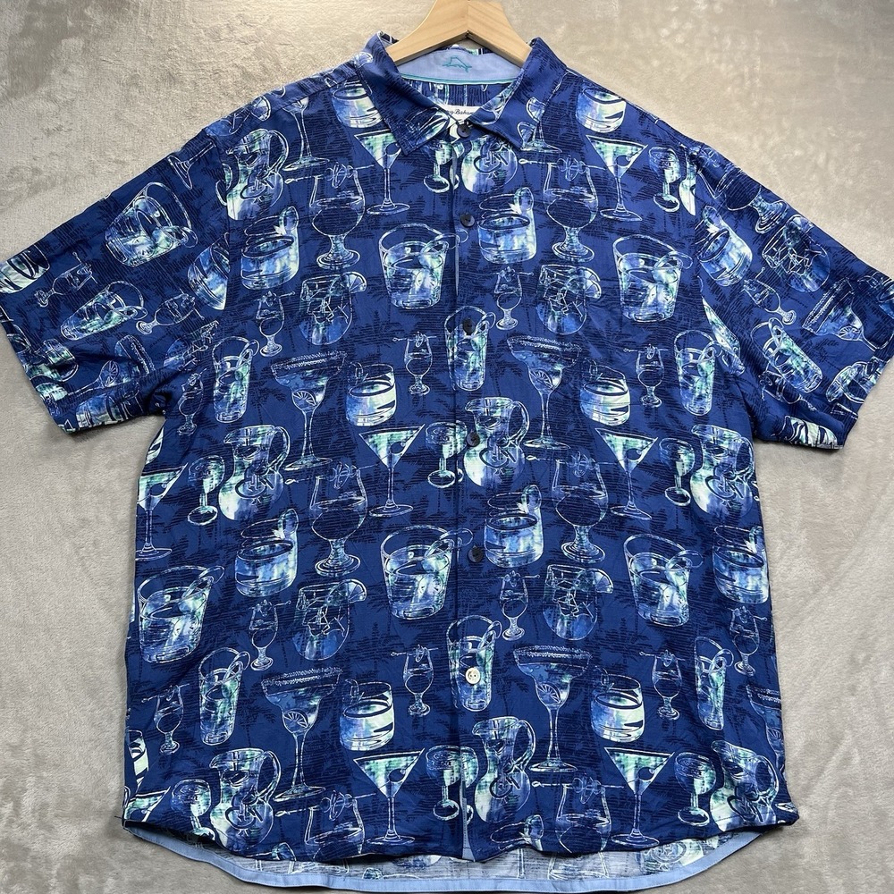 Tommy Bahama Shirt Men's XL Blue Viscose Short Sleeve Button Up Bar None - Picture 2 of 9